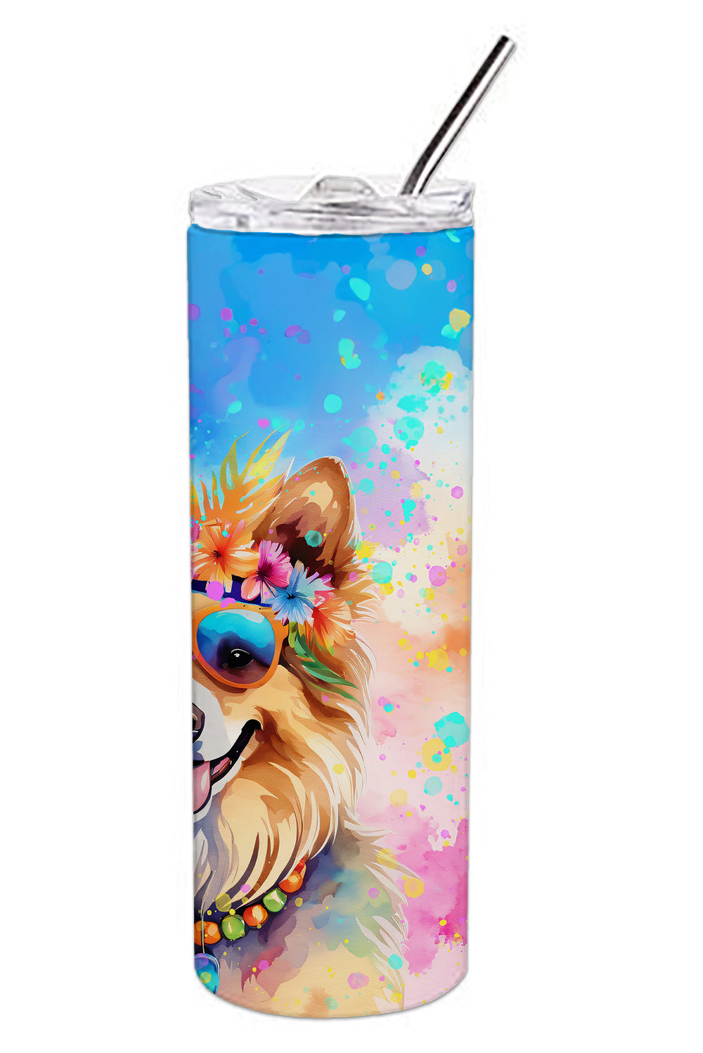 Pomeranian Hippie Dawg Stainless Steel Skinny Tumbler Vacuum Double Walled Reusable Insulated Tumbler Travel Cup for Coffee Cocktails Gift with Lid, 20 oz