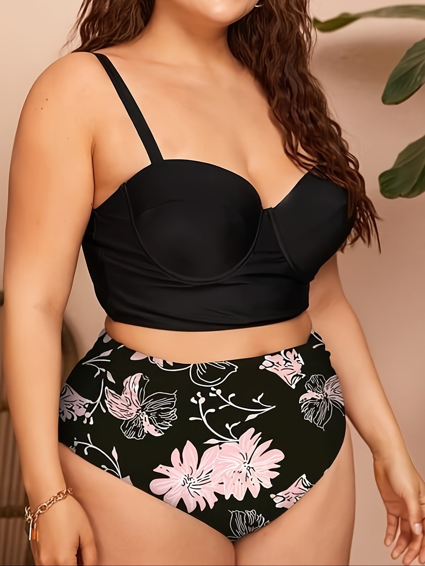 Plus Size Solid Cami Top & Sunflower Print Pants Swimsuit Set; Women's Plus High Stretch 2pcs Swimsuit Set