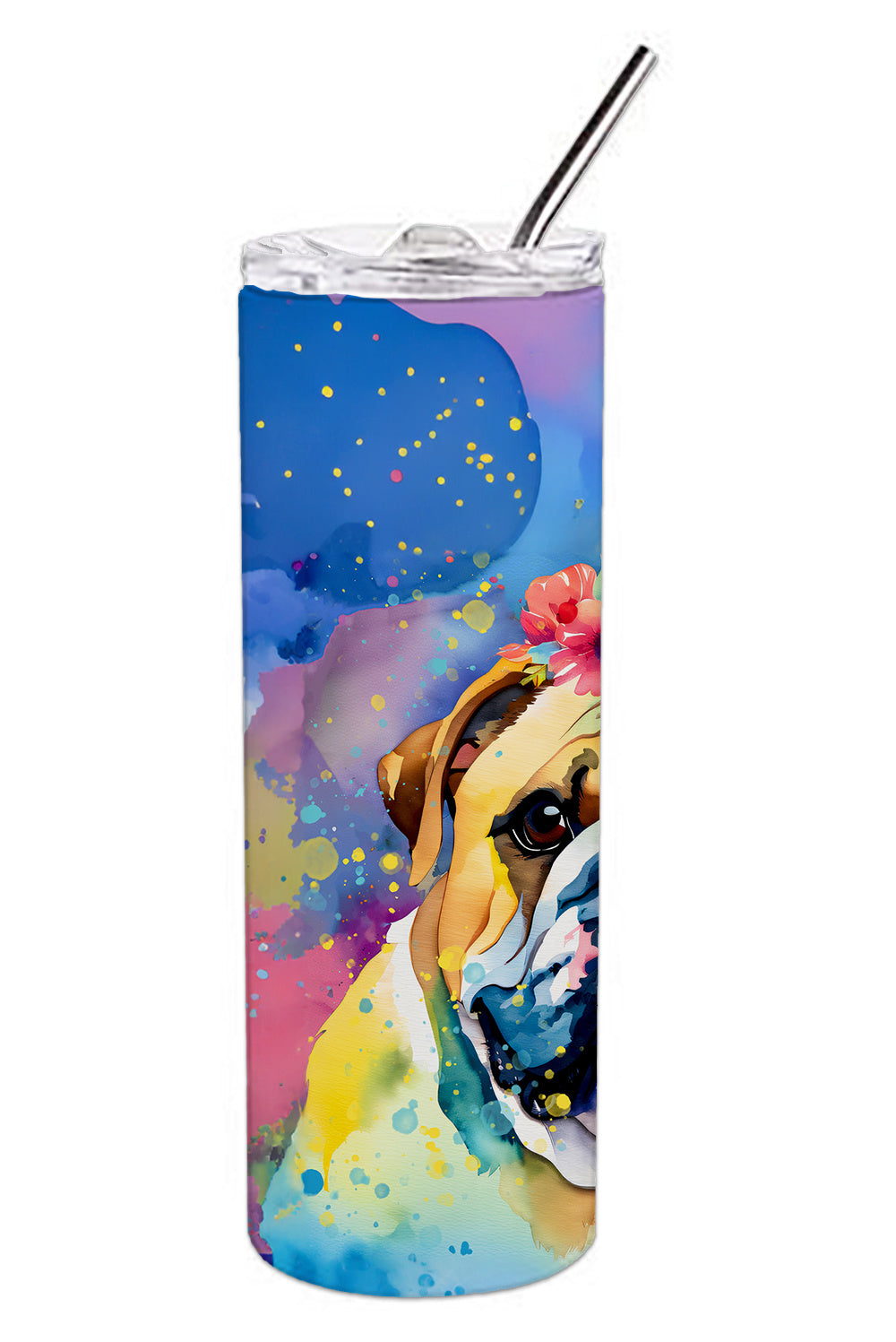 English Bulldog Hippie Dawg Stainless Steel Skinny Tumbler Vacuum Double Walled Reusable Insulated Tumbler Travel Cup for Coffee Cocktails Gift with Lid, 20 oz