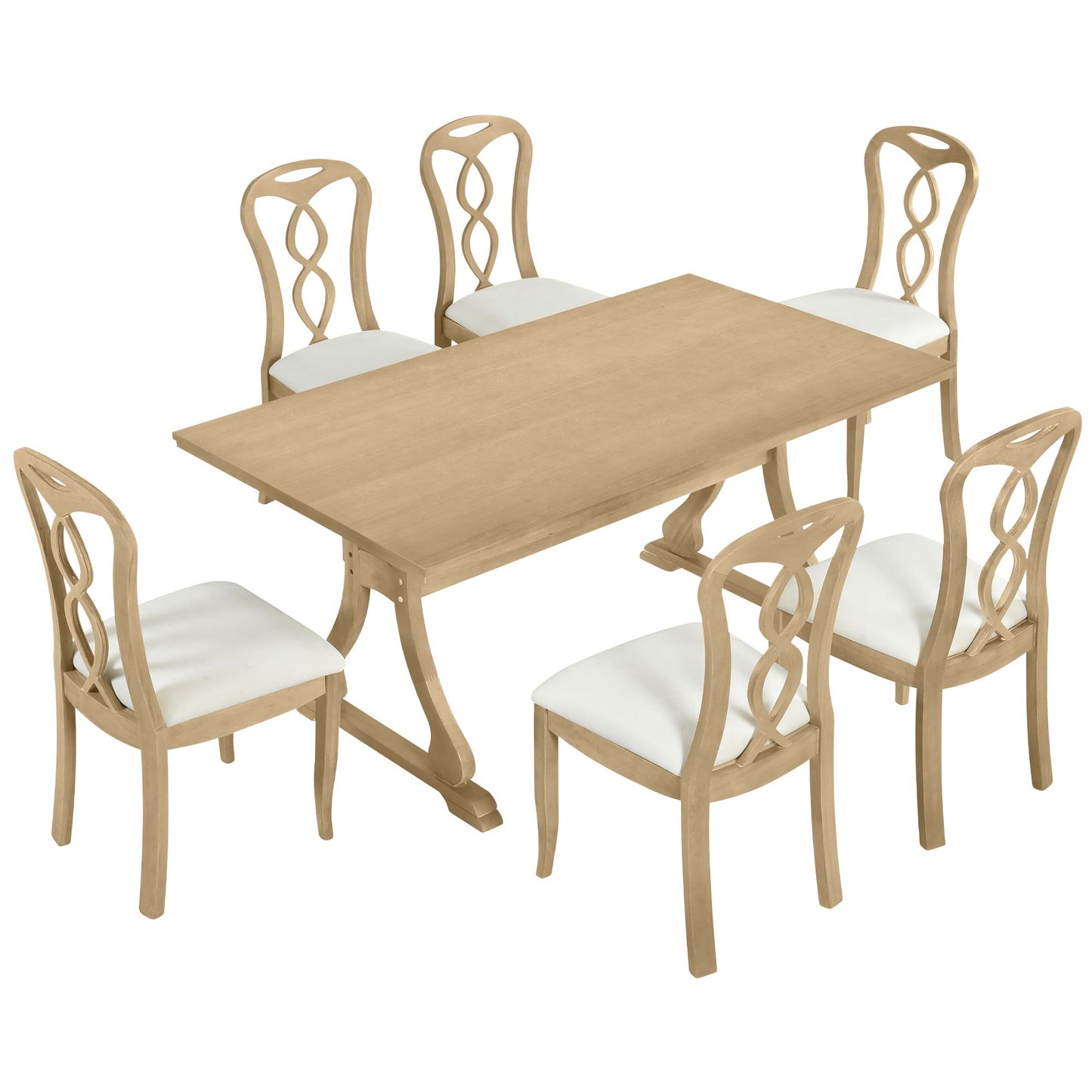 Retro 7-Piece Trestle Dining Table Set with Upholstered Dining Chairs, Smooth Dining Backs for Dining Room, Living Room, Kitchen