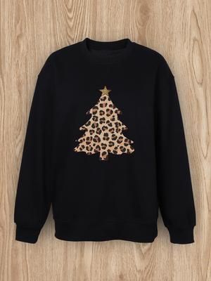 Women Basic Casual Pullover Spring Autumn Long Sleeve Leopard Christmas Tree Printed Round Neck