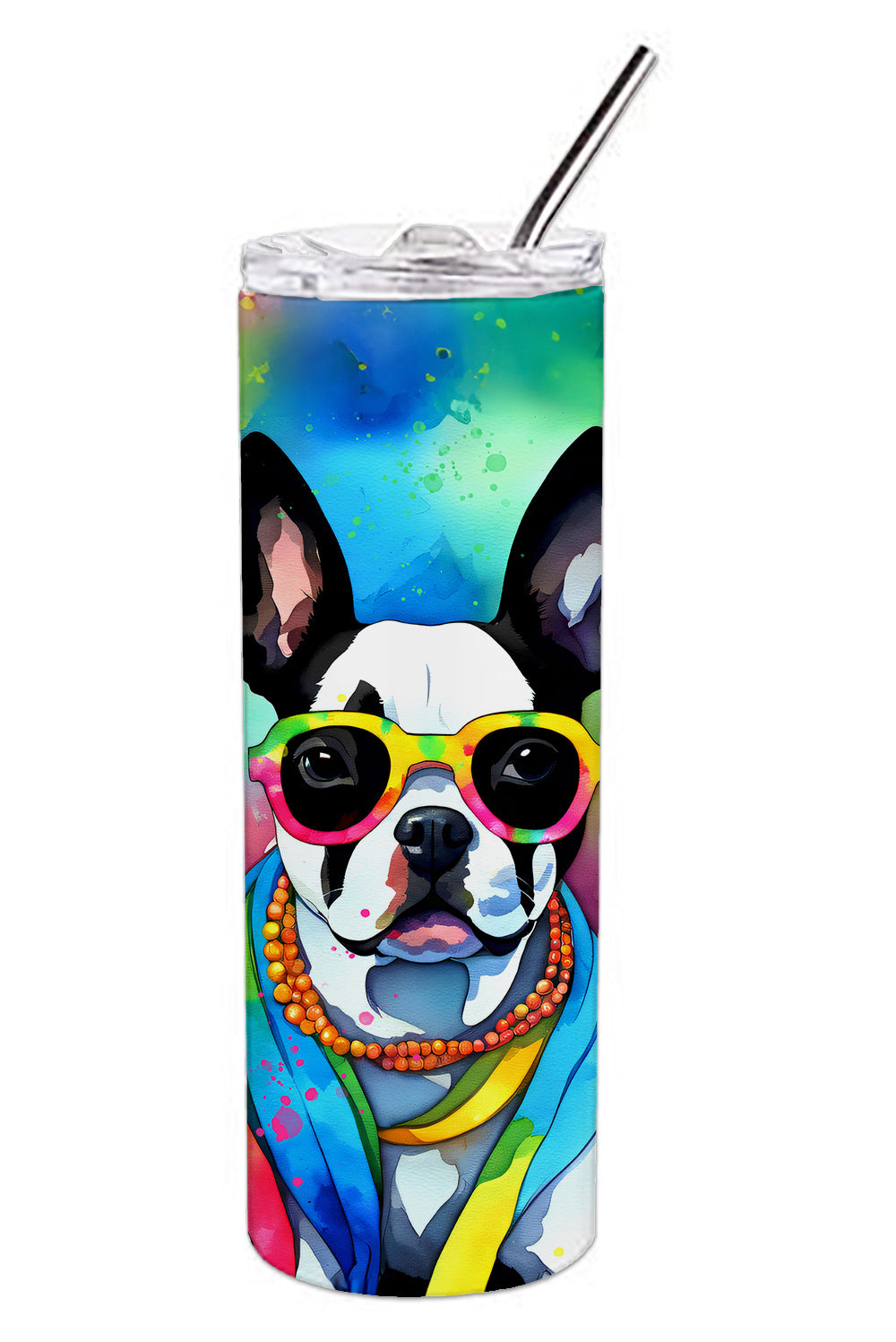 Boston Terrier Hippie Dawg Stainless Steel Skinny Tumbler Vacuum Double Walled Reusable Insulated Tumbler Travel Cup for Coffee Cocktails Gift with Lid, 20 oz