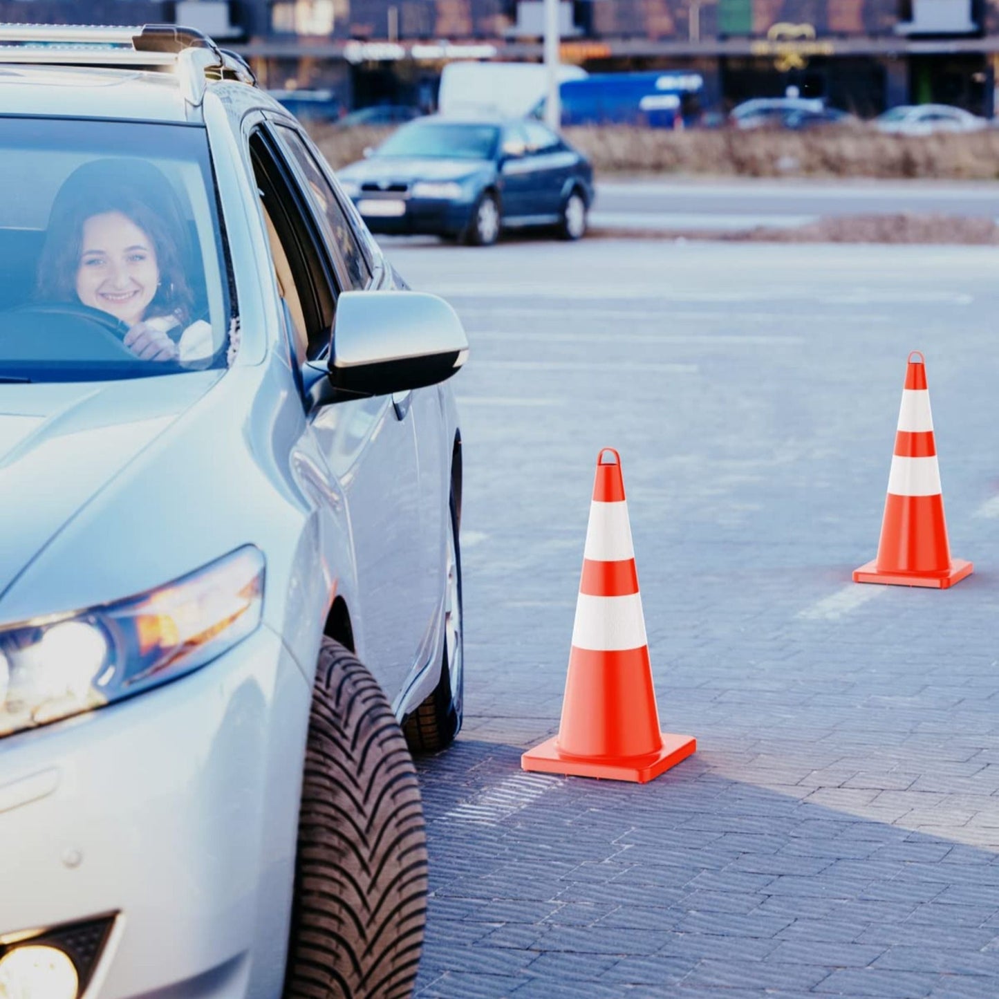 12 pcs Traffic Cones 28 Inch Safety Cones with Reflective Collar Orange Cones with Handle Plastic PVC Heavy Duty Cones for Parking Lot, Driving Training