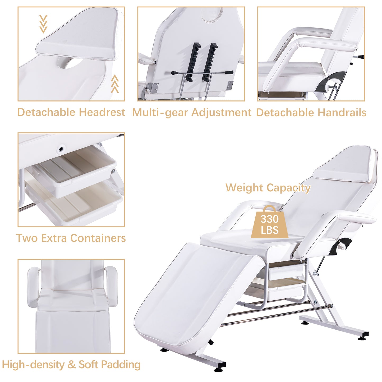 Massage Salon Tattoo Chair with Two Trays Esthetician Bed with Hydraulic Stool,Multi-Purpose 3-Section Facial Bed Table, Adjustable Beauty Barber Spa Beauty Equipment, White