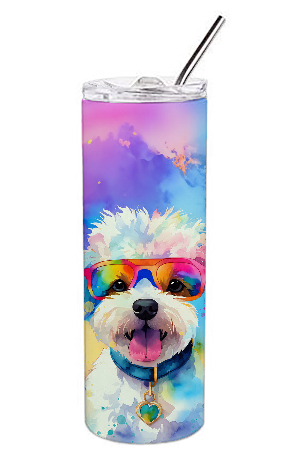 Bichon Frise Hippie Dawg Stainless Steel Skinny Tumbler Vacuum Double Walled Reusable Insulated Tumbler Travel Cup for Coffee Cocktails Gift with Lid, 20 oz