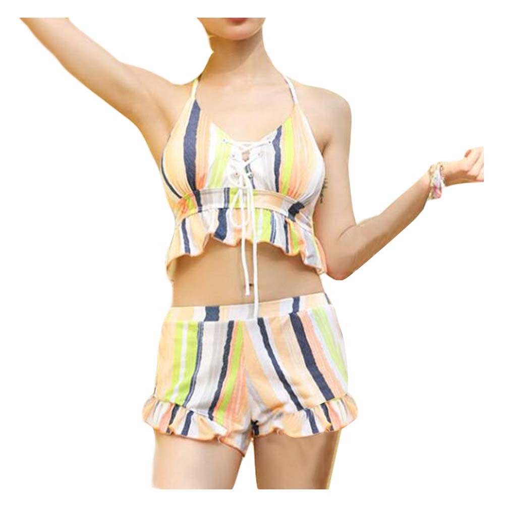 Colorful Striped Women Two Piece Swimsuits Yellow Bathing Suit V-neck Halter Bikini Set for Summer, Asian Medium