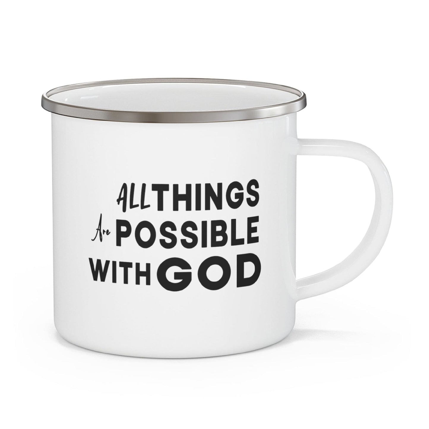 Enamel Camping Mug, All Things Are Possible With God Black Illustration