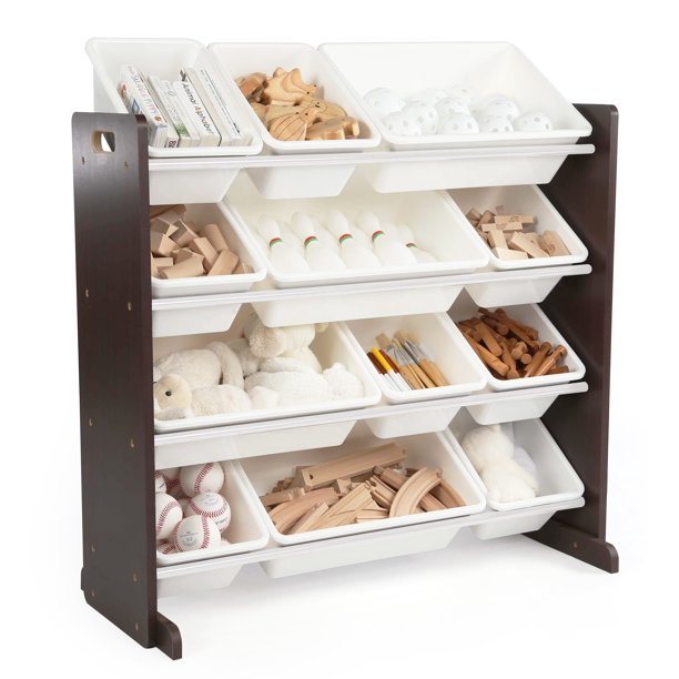 Children Wood and Plastic Organizing Rack with 12 Bins, Gray and White