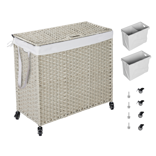 Laundry Hamper With Lid PE Rattan Powder Coating Frame Clothes Hampers with 02 Removable Bags, Wheels, 160L, Grey Color