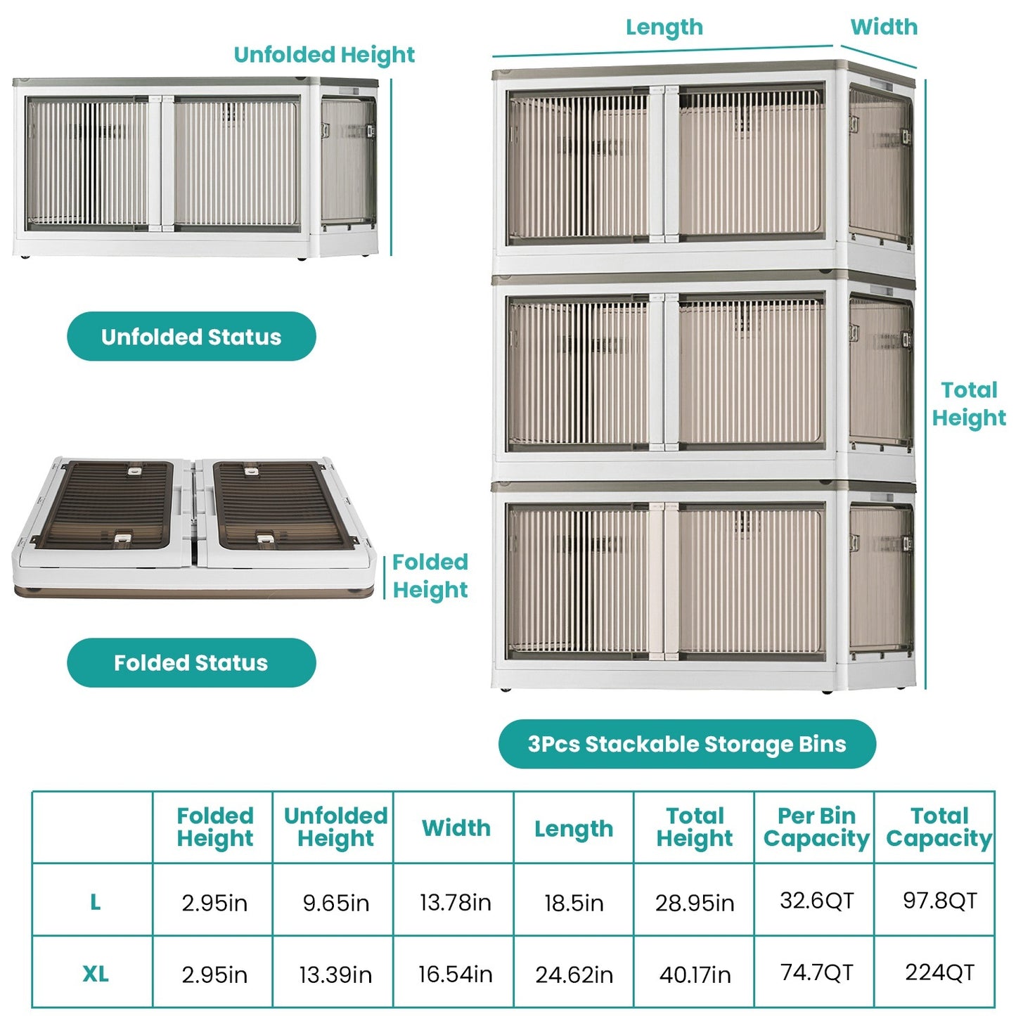 3Pcs Foldable Storage Bins with Lid 4 Doors Collapsible Stackable Closet Organizer Containers with Lock 4Pcs Wheels