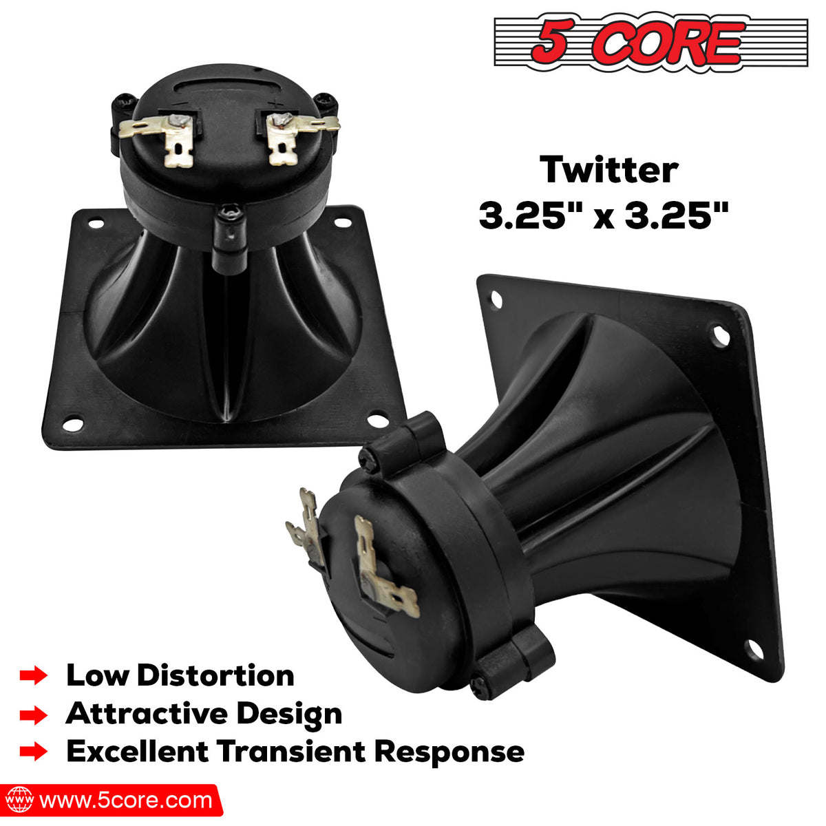 5 Core Tweeter 3.25\" x 3.25\" • 40W Max Component Square Driver • Piezo Horn Element Super Replacement DJ Tweeters • for Smooth Extended Frequency Response- TW 303 SQ