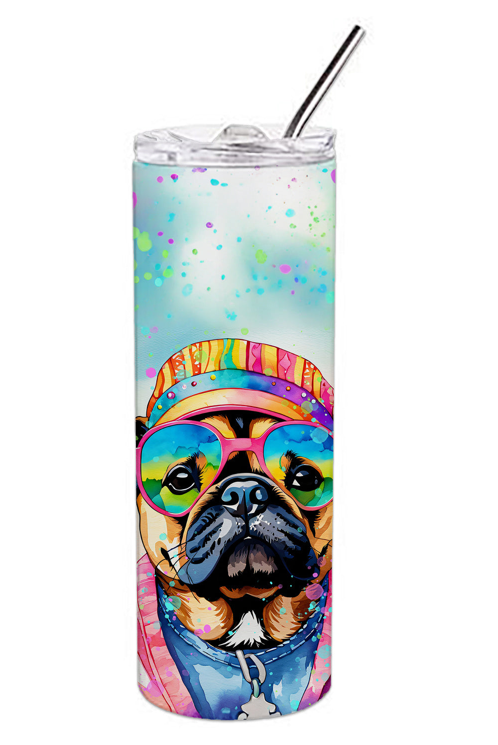 Pug Hippie Dawg Stainless Steel Skinny Tumbler Vacuum Double Walled Reusable Insulated Tumbler Travel Cup for Coffee Cocktails Gift with Lid, 20 oz