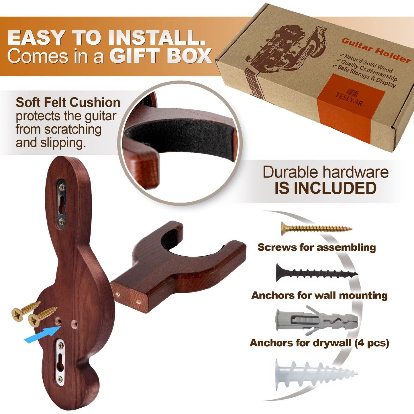 Guitar Holder Wall Mount Ash Wood Wooden Guitar Hanger Hook Stand Rack Guitar Hanger for Electric Classic Acoustic and Bass Guitar Musical Instruments Hardwood (Mahogany Musical key)