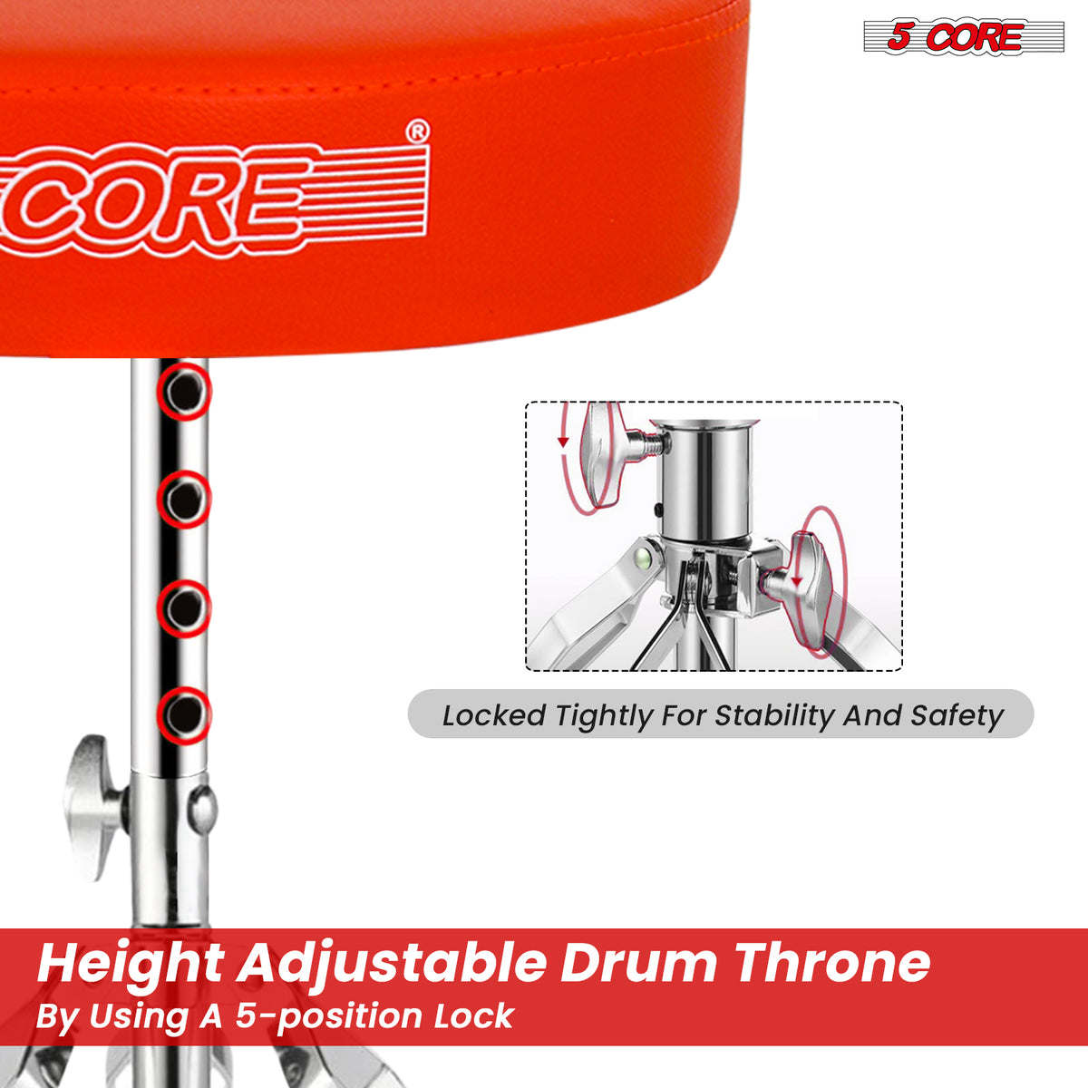 5 Core Drum Throne Comfortable Padded Stool Height Adjustable Music DJ Chair Heavy Duty Seat for Drummer Kids and Adults - DS CH ORG