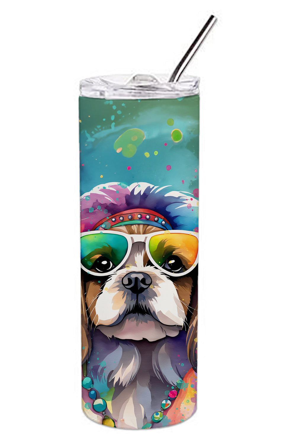 Shih Tzu Hippie Dawg Stainless Steel Skinny Tumbler Vacuum Double Walled Reusable Insulated Tumbler Travel Cup for Coffee Cocktails Gift with Lid, 20 oz