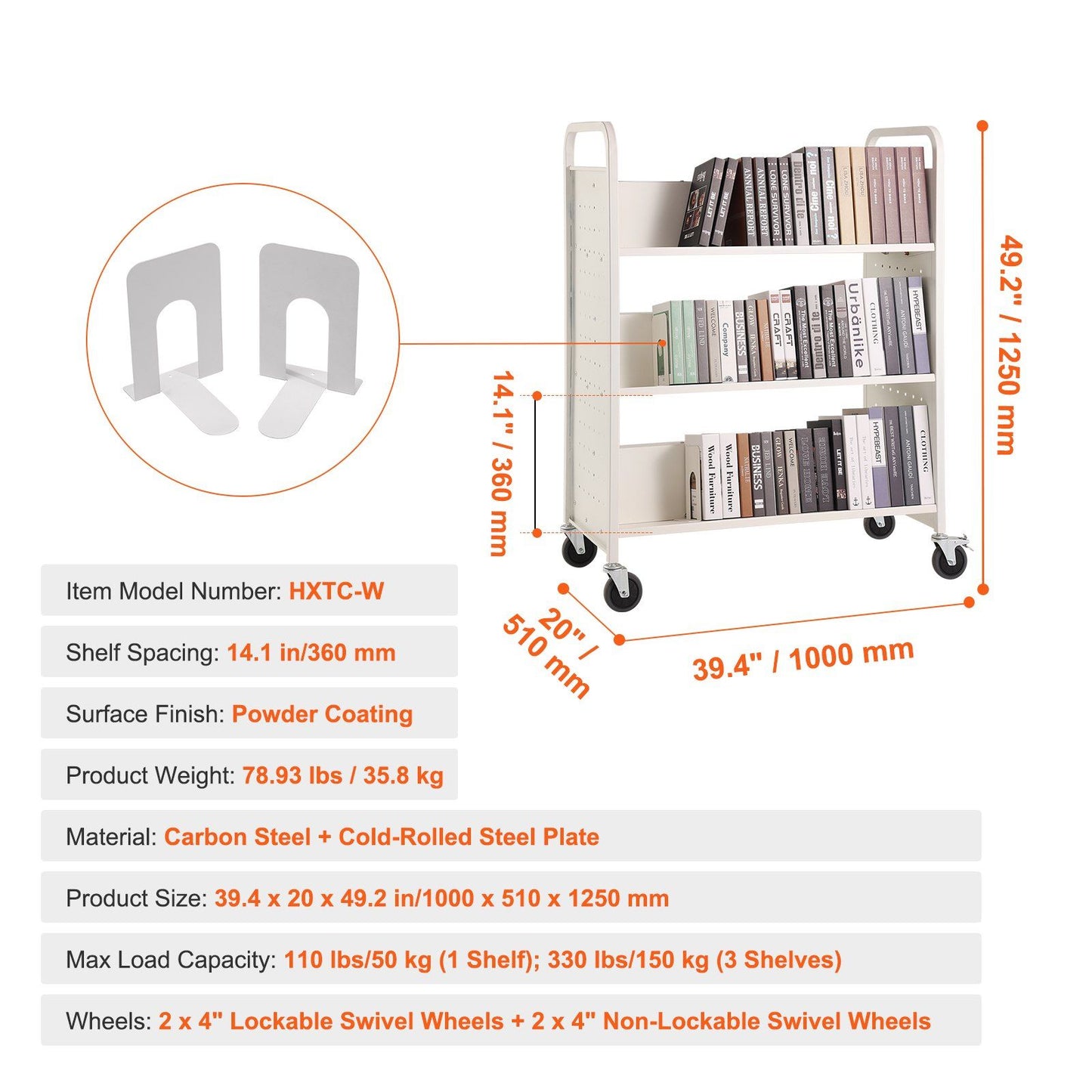 VEVOR Book Cart, 330 lbs Library Cart, 39.4" x 20.1" x 49.2" Rolling Book Cart, Double Sided W-Shaped Sloped Shelves with 4-Inch Lockable Wheels for Home Shelves Office School, Book Truck in White