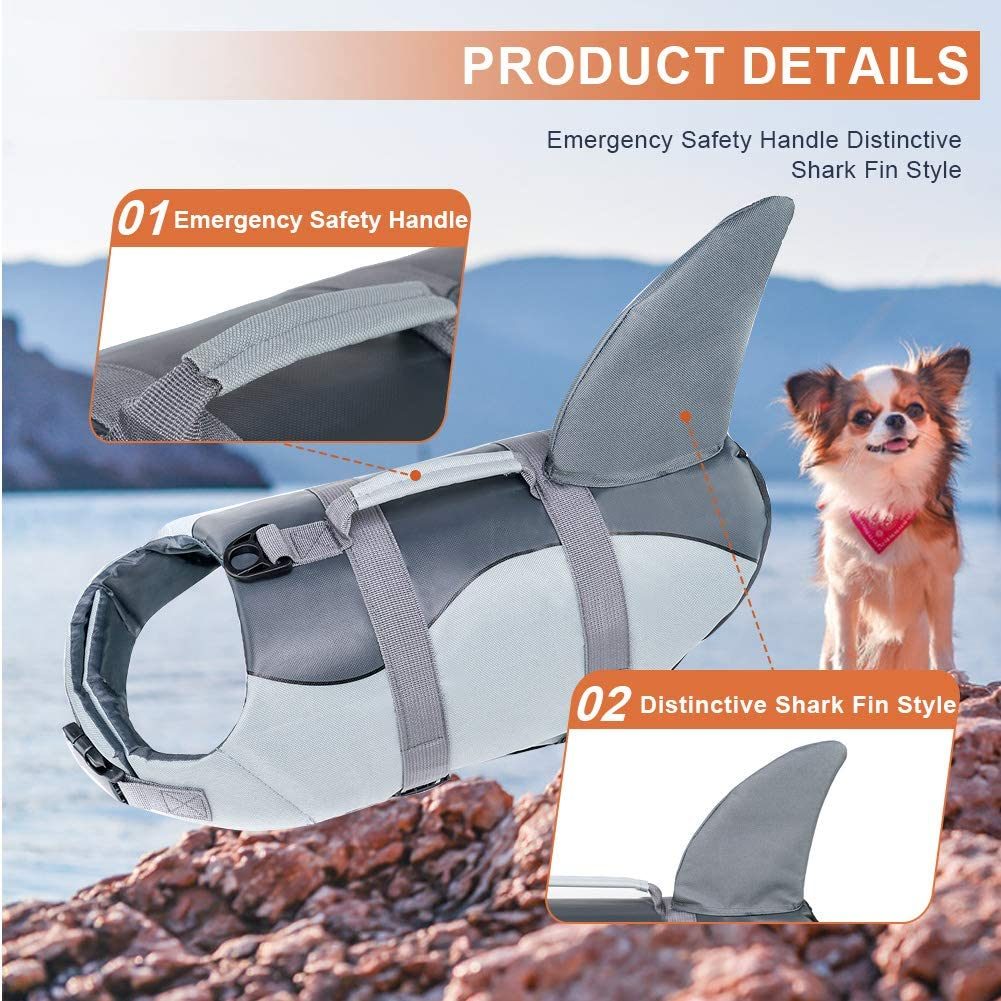 Dog Life Jacket Shark; Dog Lifesaver Vests with Rescue Handle for Small Medium and Large Dogs; Pet Safety Swimsuit Preserver for Swimming Pool Beach Boating