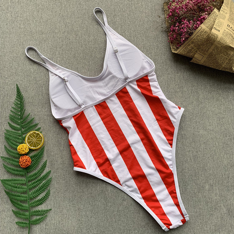 Striped Print Swimsuit Conjoined Female Bikini One-piece Open Back Swimsuit Sexy Bikini