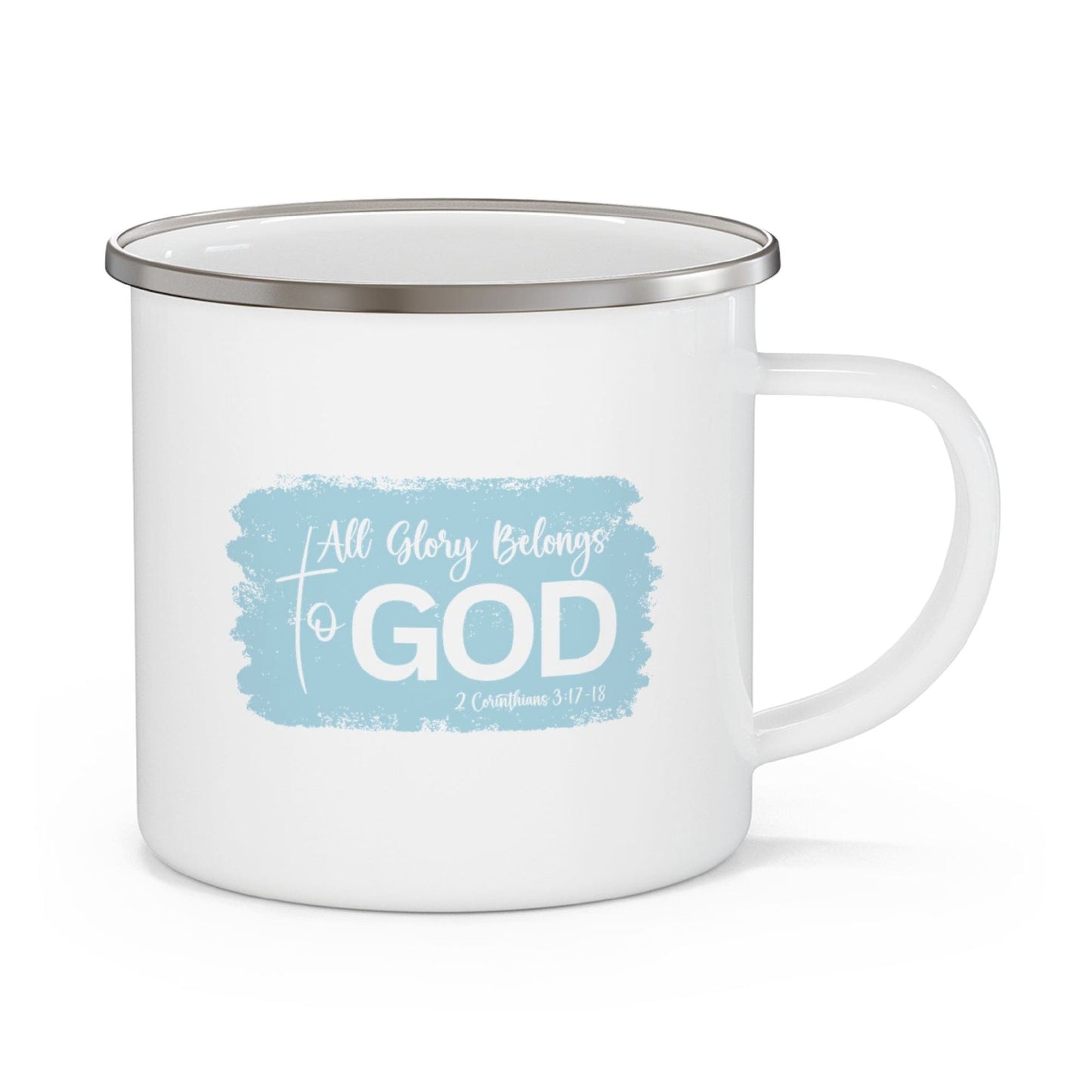 Enamel Camping Mug, All Glory Belongs To God Christian Illustration Light Blue