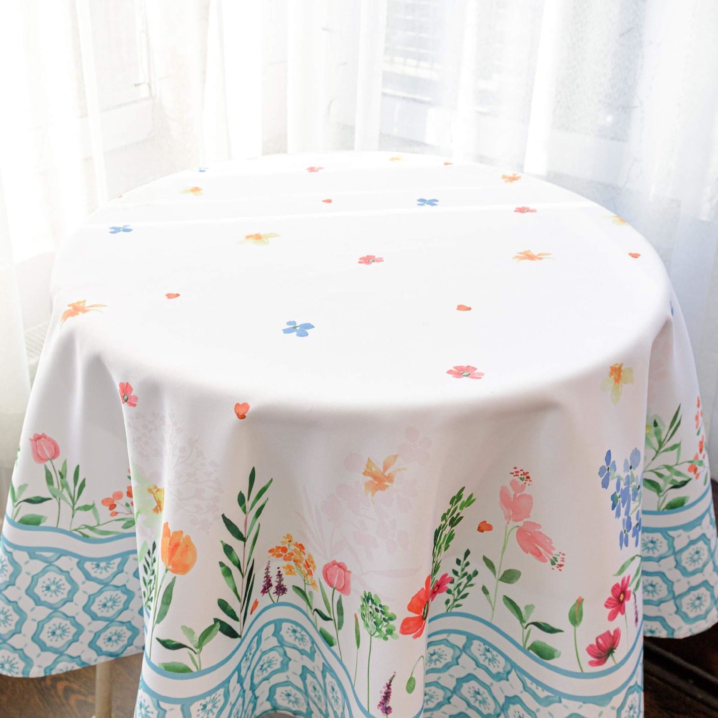 Floral Coloring Round Easter Tablecloth Non Iron Stain Resistant Table Cover Diameter 60 inch