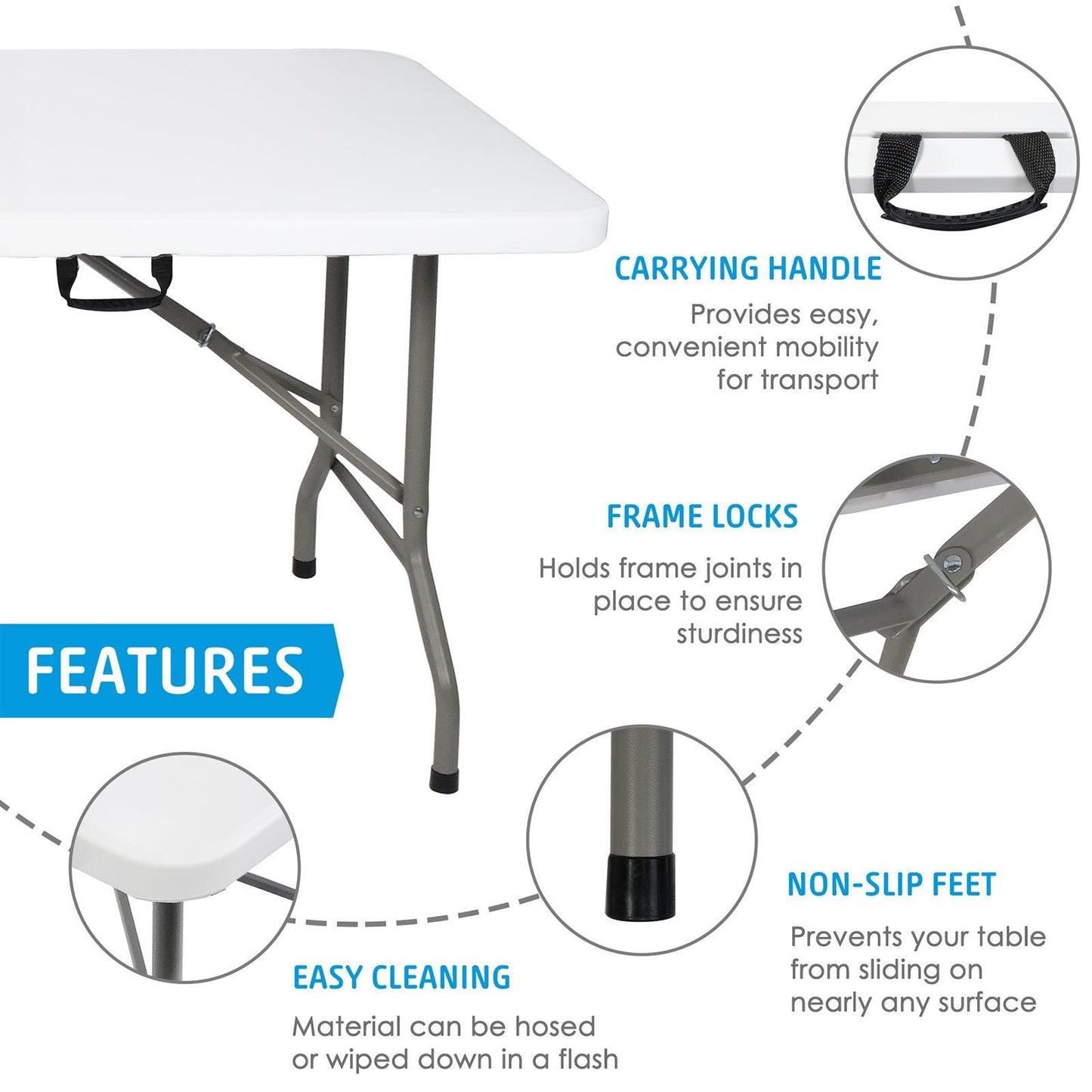 8ft Portable Folding Plastic Table for 8-10 Picnic Dining Table 96" with Carry Handle, White