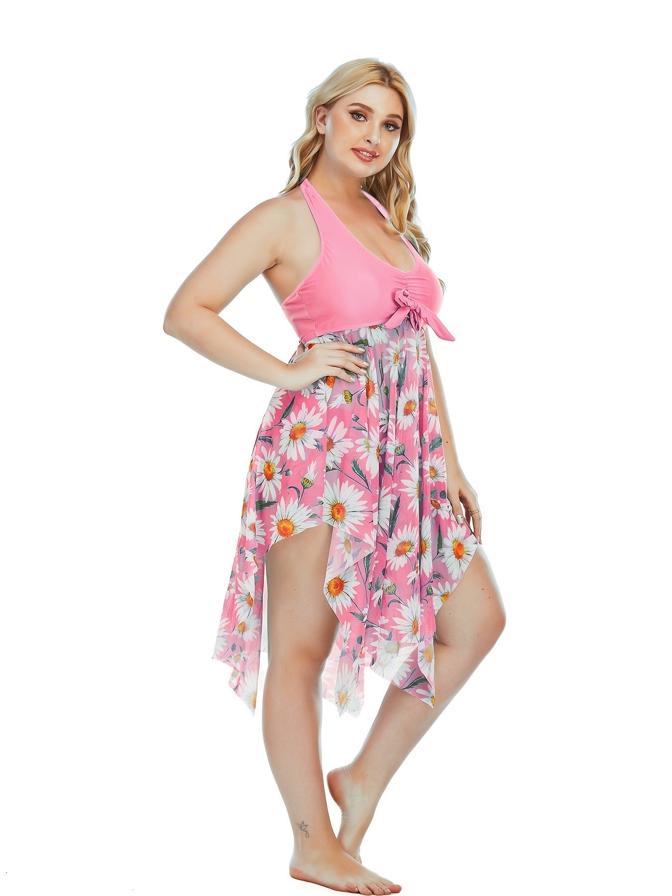 Plus Size Floral Print Irregular Hem Dress & Panty Swimsuit Set; Women's Plus Medium Stretch Elegant Swimsuit 2pcs Set