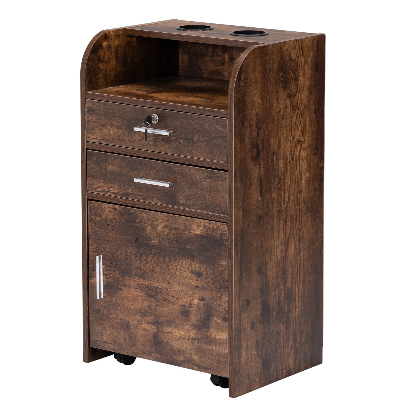 Salon Station, Hair Styling Station with Drawers, Cabinet and Hair Dryer Holders, Rustic Brown