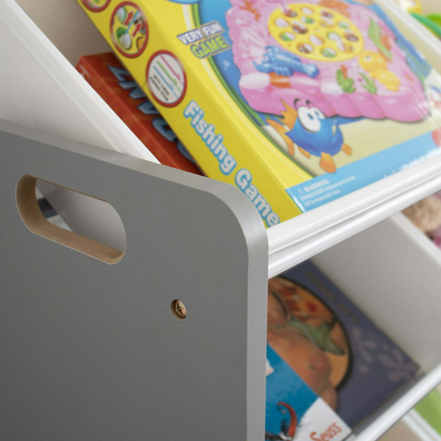 Children Wood and Plastic Organizing Rack with 12 Bins, Gray and White