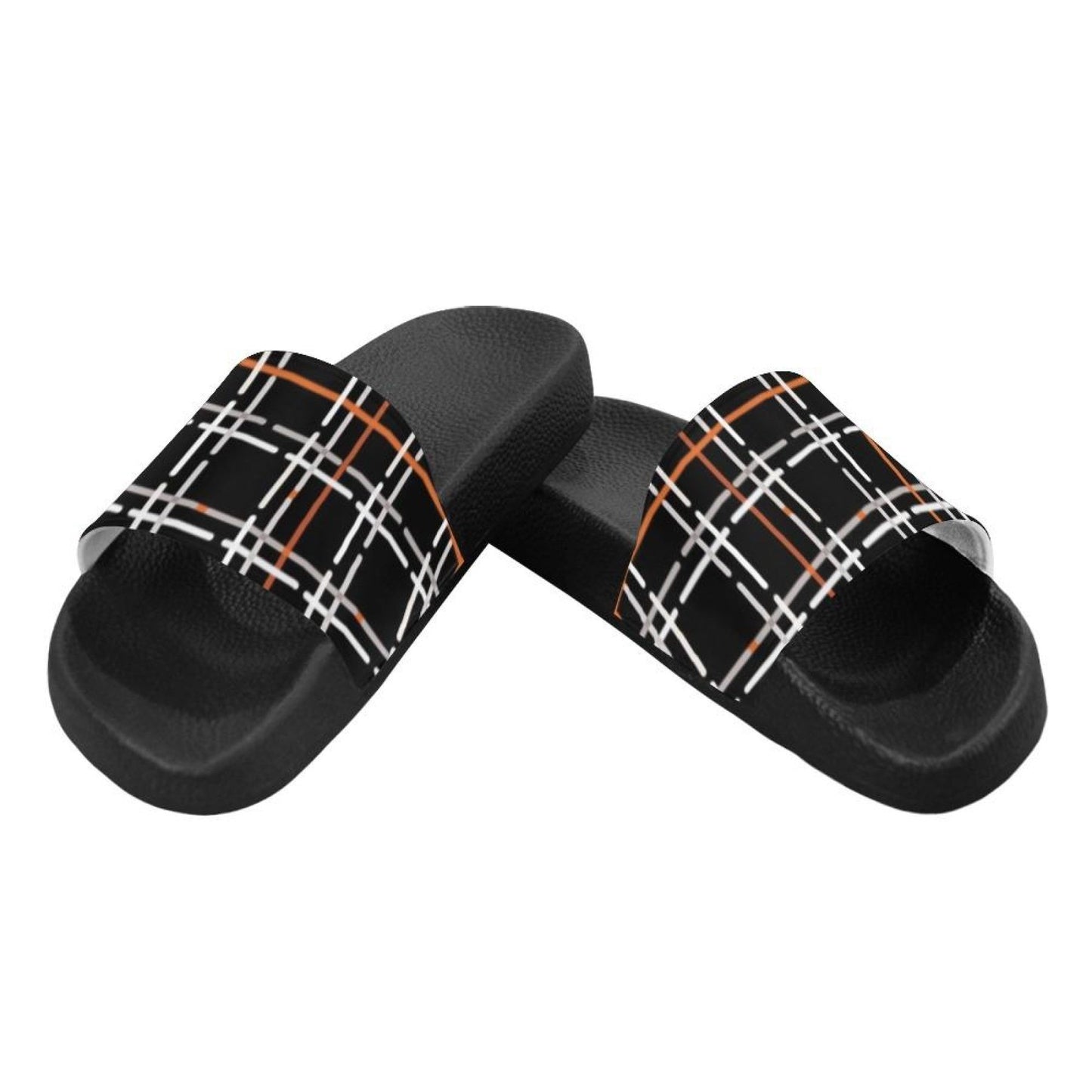 Flip-Flop Sandals, Black Orange And White Tartan Style Womens Slides