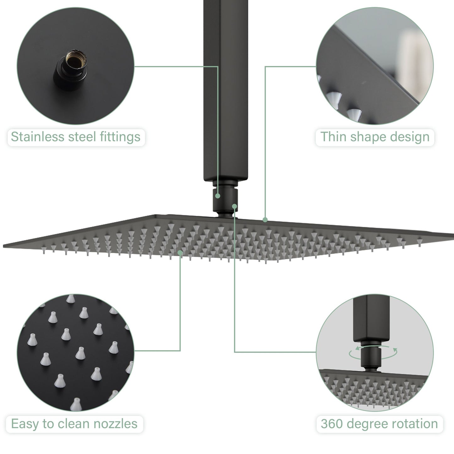 16\" Rainfall Shower Head and Handhled Shower Head,Ceiling Mounted Matte Black Shower System