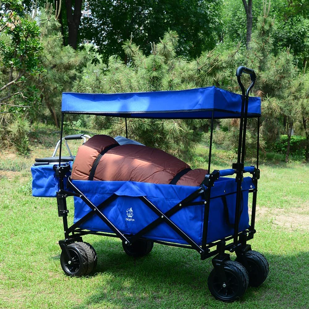 Collapsible Wagon Heavy Duty Folding Wagon Cart with Removable Canopy, 4" Wide Large All Terrain Wheels, Brake, Adjustable Handles,Cooler Bag Utility Carts for Outdoor Garden Beach