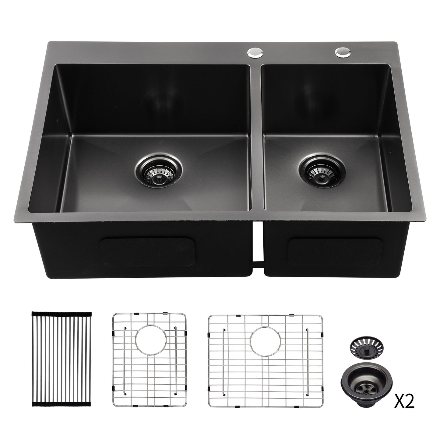 33 Inch Kitchen Sink Drop-in Topmount Sink 16 Gauge Double Bowl 50/50 Gunmetal Black Stainless Steel Sink with Strainer