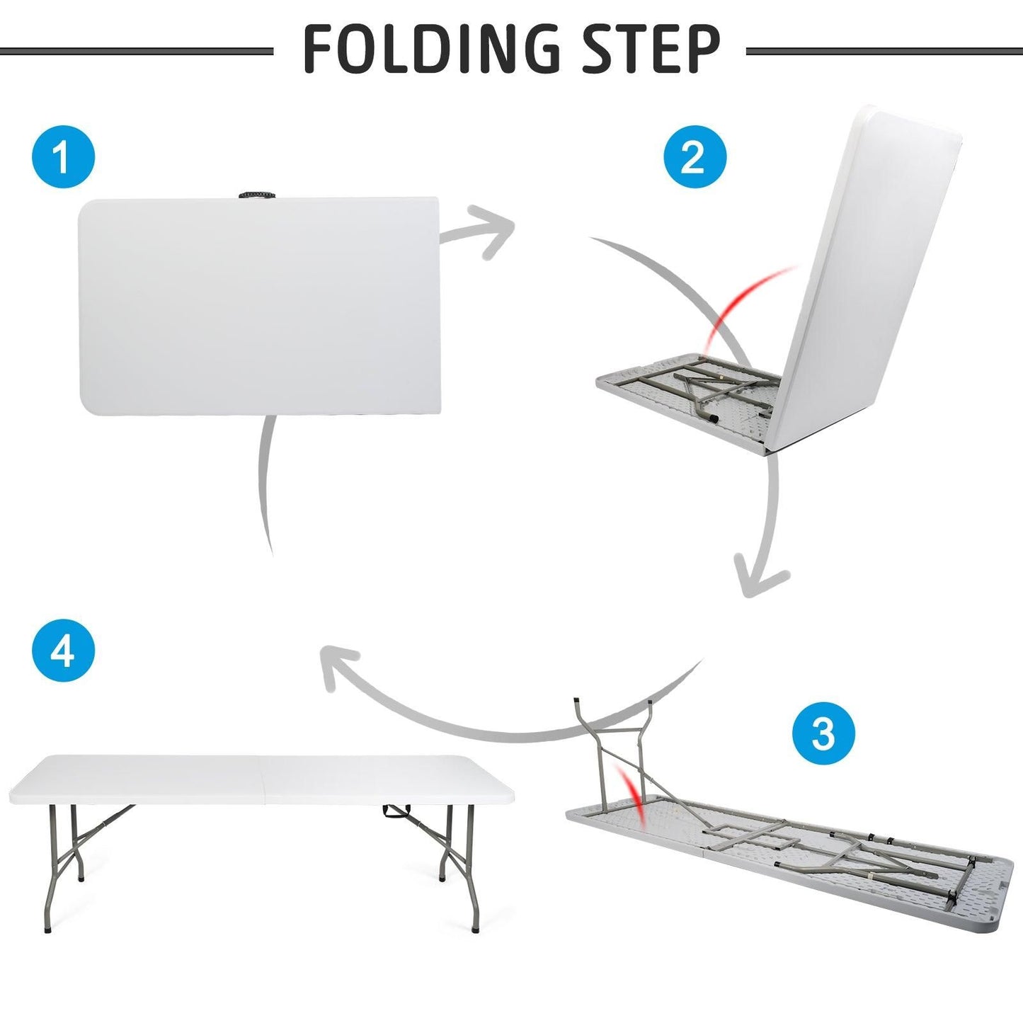 8ft Portable Folding Plastic Table for 8-10 Picnic Dining Table 96" with Carry Handle, White