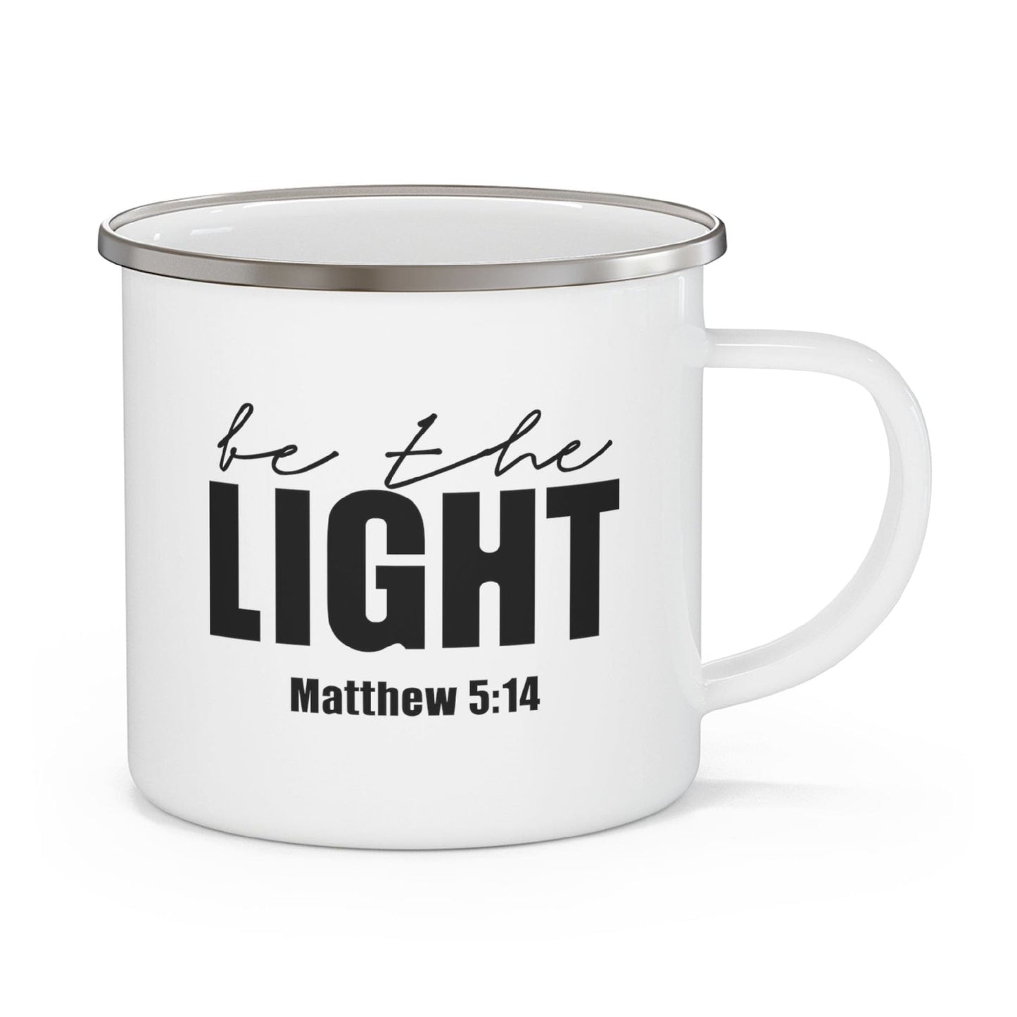 Enamel Camping Mug, Be The Light Inspirational Art Illustration, Black