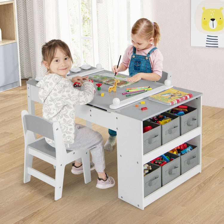 2-in-1 Kids Wooden Art Table and Art Easel Set with Chairs Storage Bins Paper Roll