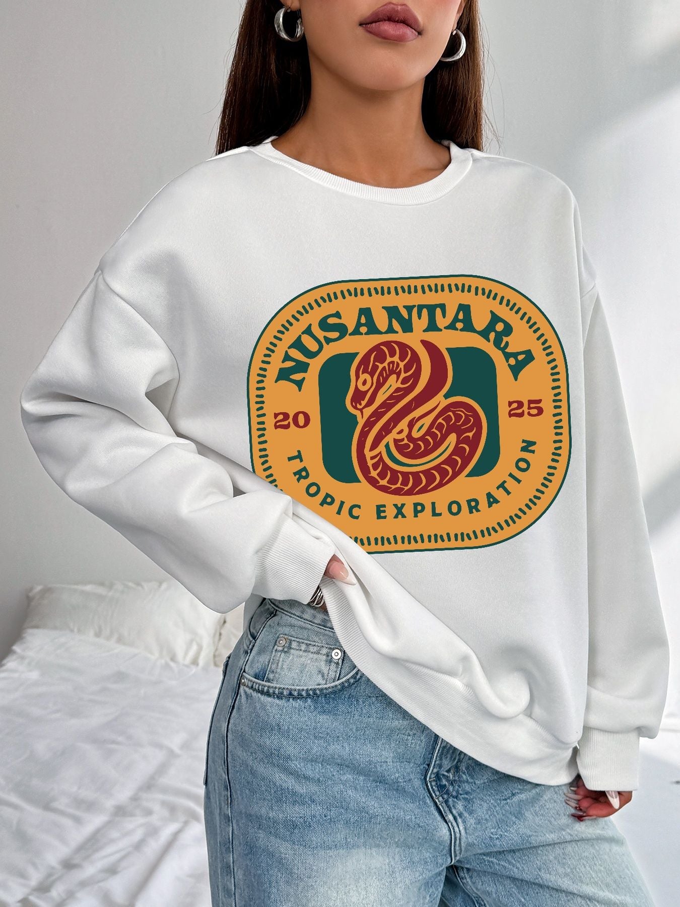 Women Basic Casual Pullover Spring Autumn Long Sleeve Snake Seal Printed Round Neck