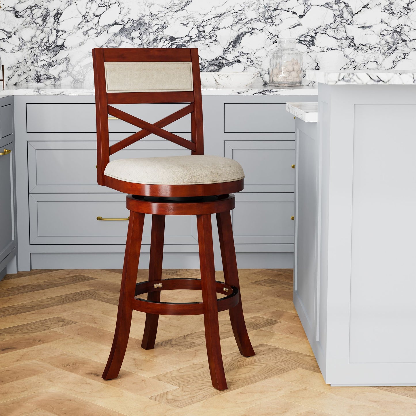 30" Bar Height X-Back Swivel Stool, Cherry Finish, Beige Fabric Seat