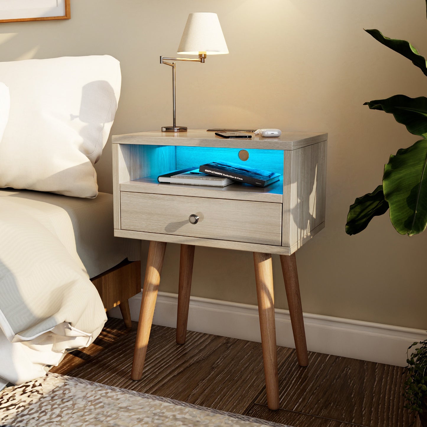 Nightstands with Charging Station, 2-Tier Storage & 20 Colors Remote LED Lights.