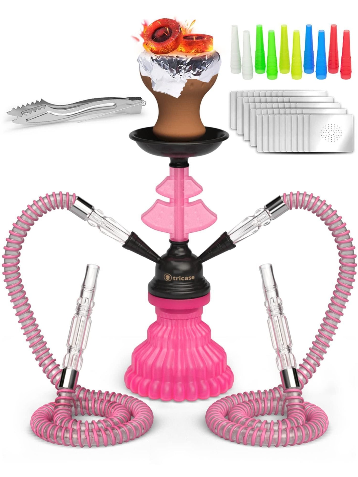 Pink Hookah Set 2 Hose Hookah LilOne 12 inch Pink Mini Hookah Combo Set with Prepunched Foil Hookah Bowl Disposable Tips Mouthpiece Tongs Portable Hookah Pipe