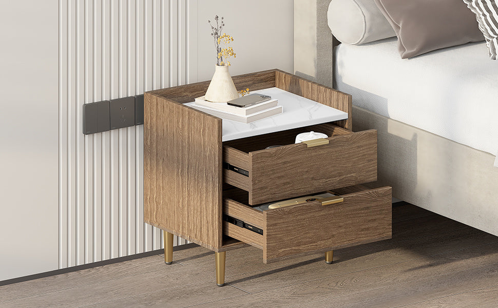 Wooden Nightstand with 2 Drawers and Marbling Worktop, Mordern Wood Bedside Table with Metal Legs&Handles, Walnut