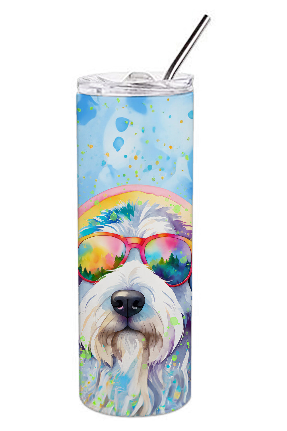 Old English Sheepdog Hippie Dawg Stainless Steel Skinny Tumbler Vacuum Double Walled Reusable Insulated Tumbler Travel Cup for Coffee Cocktails Gift with Lid, 20 oz