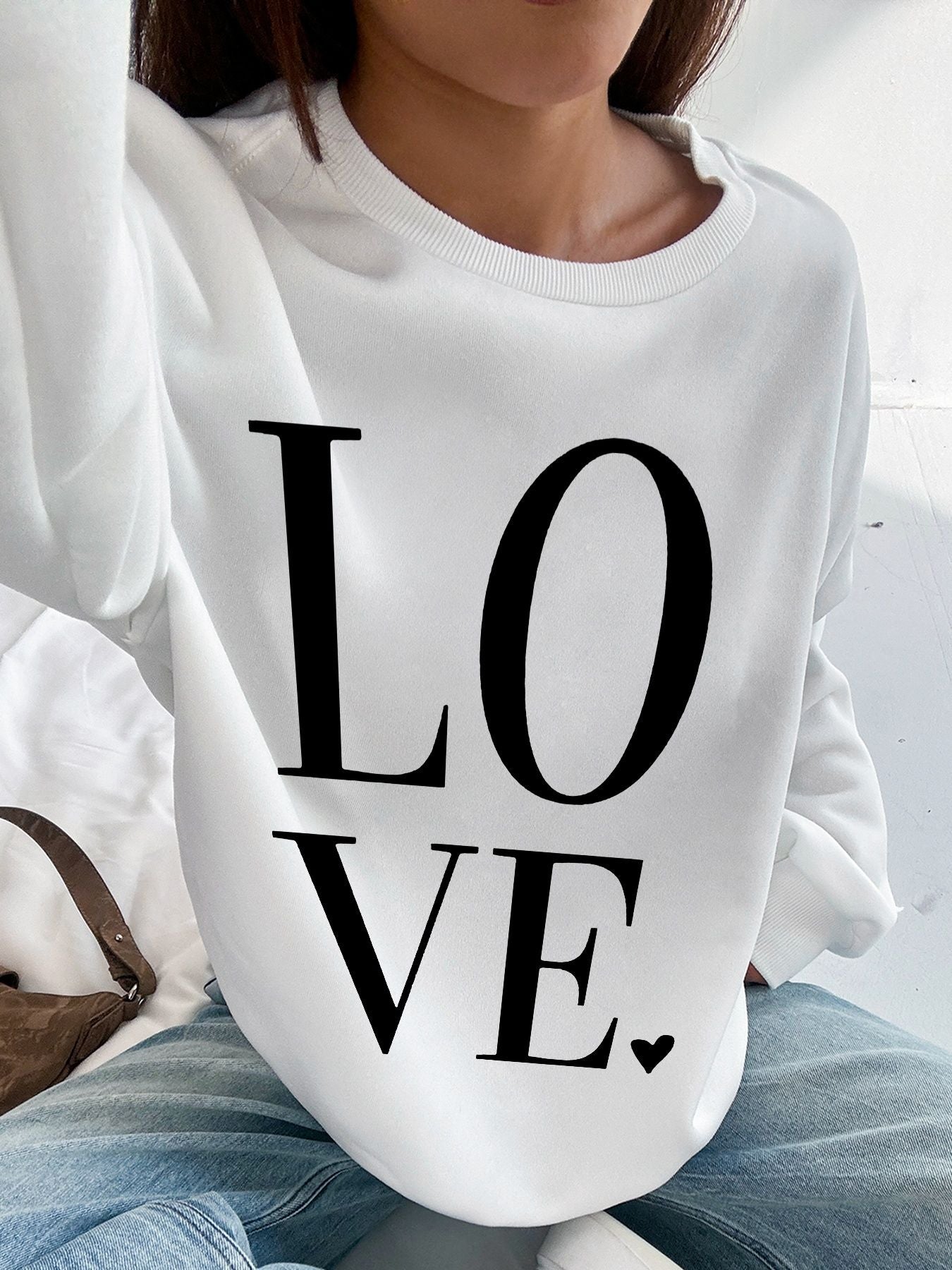 Women Basic Casual Pullover Spring Autumn Long Sleeve Love Letter Round Neck