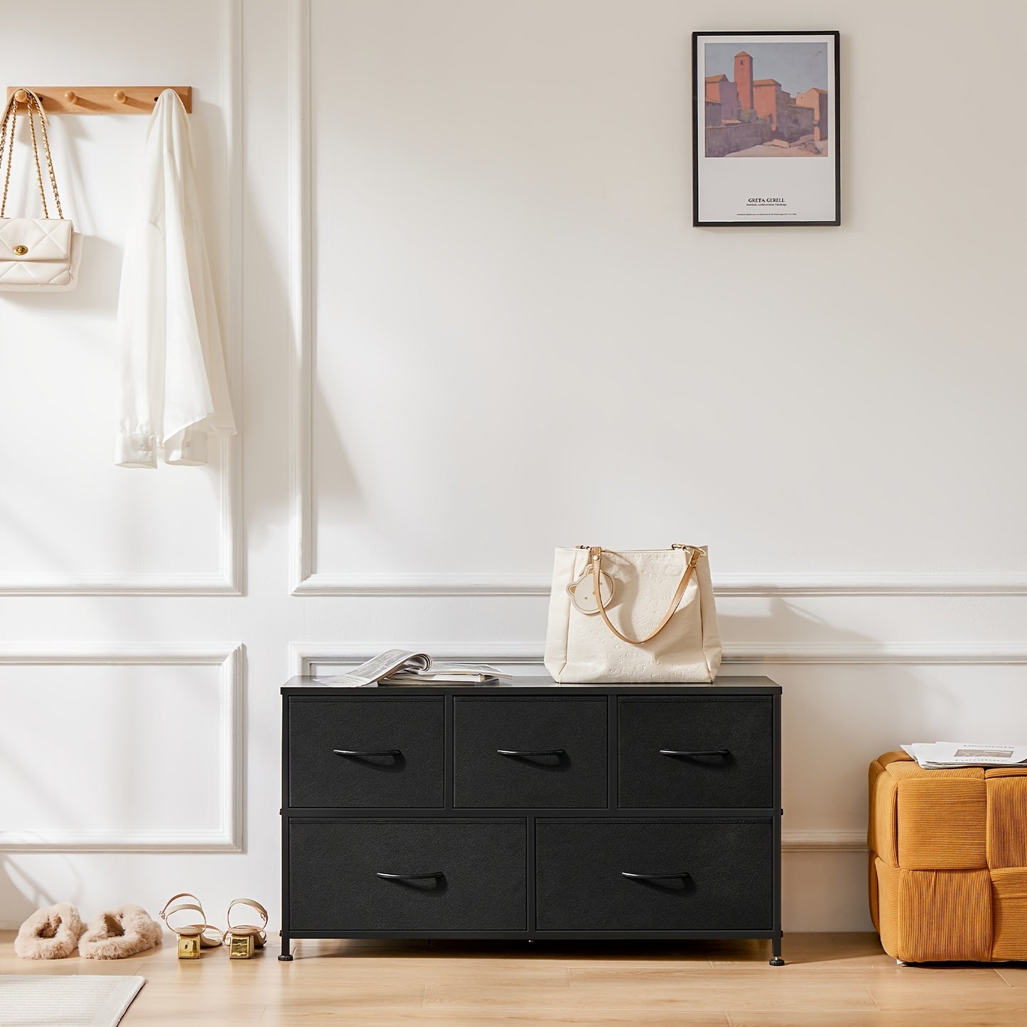 Dresser for Bedroom Storage Drawers Fabric Storage Tower with 5 Drawers, Chest of Drawers with Fabric Bins