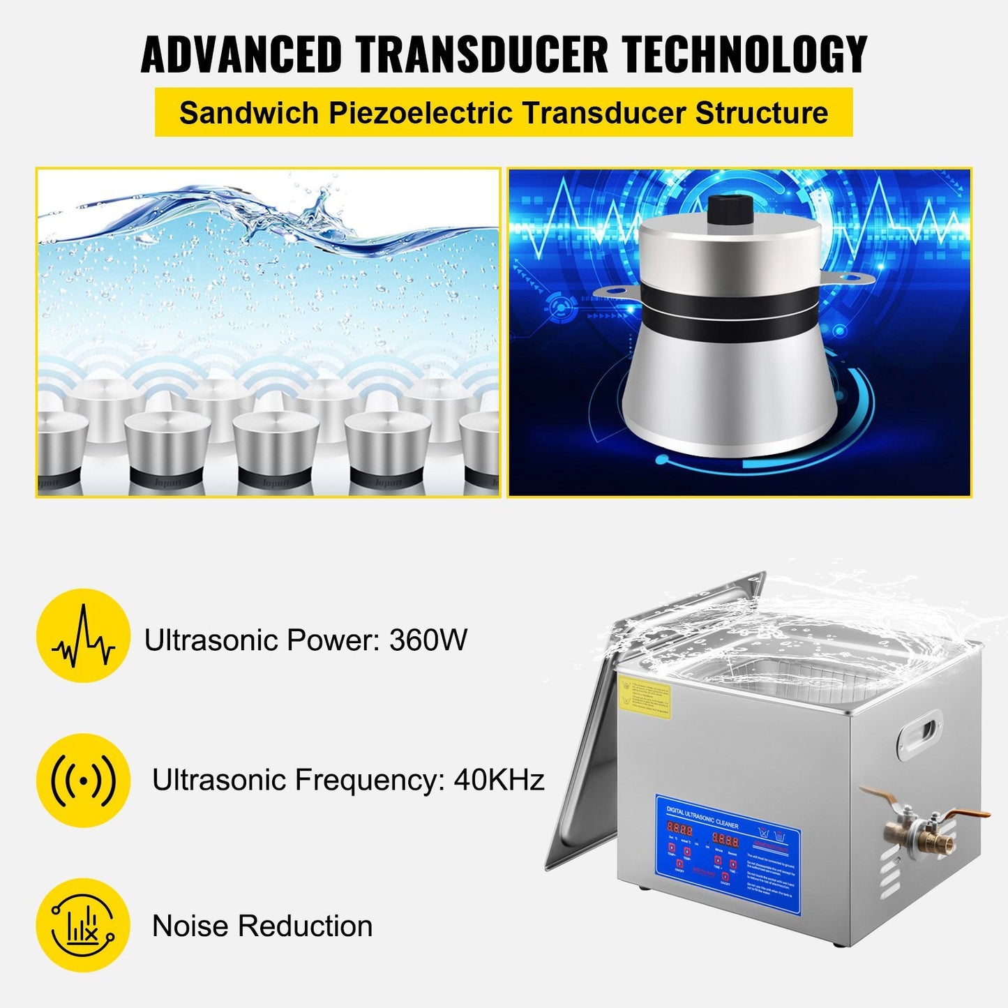 VEVOR 15L Ultrasonic Cleaner with Digital Timer&Heater Professional Ultrasonic Cleaner 40kHz Advanced Ultrasonic Cleaner 110V for Wrench Screwdriver Repairing Tools Industrial Parts Mental Cleaning