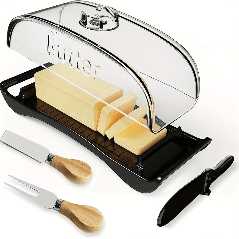 Plastic butter dish, butter knife/spatula for home kitchen, camping utensils.