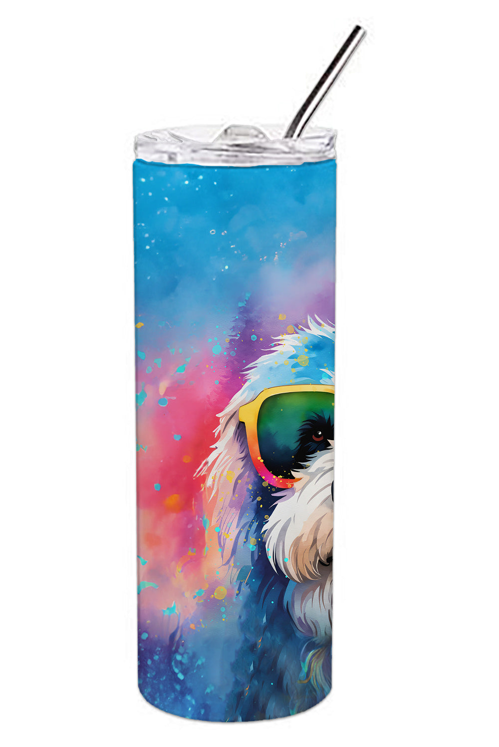 Old English Sheepdog Hippie Dawg Stainless Steel Skinny Tumbler Vacuum Double Walled Reusable Insulated Tumbler Travel Cup for Coffee Cocktails Gift with Lid, 20 oz