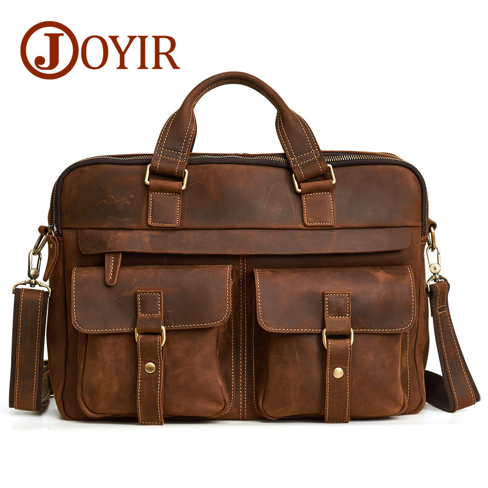 JOYIR Men's Briefcases Crazy Horse Leather Shoulder Messenger Bags Male Portfolio 15.6"17"Laptop Business Office Document Bags