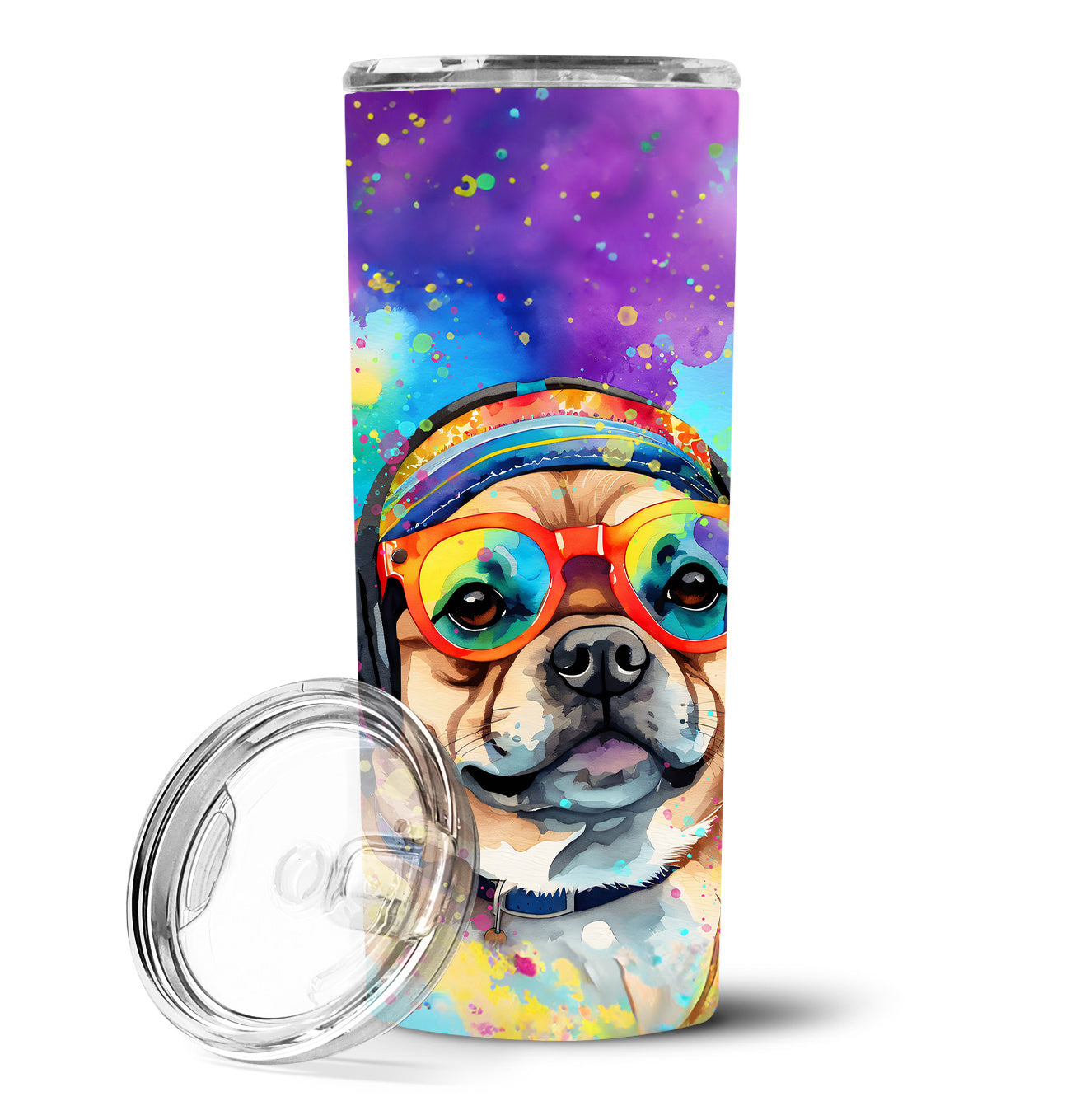 Pug Hippie Dawg Stainless Steel Skinny Tumbler Vacuum Double Walled Reusable Insulated Tumbler Travel Cup for Coffee Cocktails Gift with Lid, 20 oz