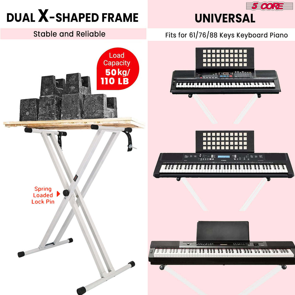 5 Core Keyboard Stand Digital Piano Riser Adjustable X Style Heavy Duty Electric Key Board Casio Synth Holder Foldable Portable Fits 54 61 88 Keys - KS 2X