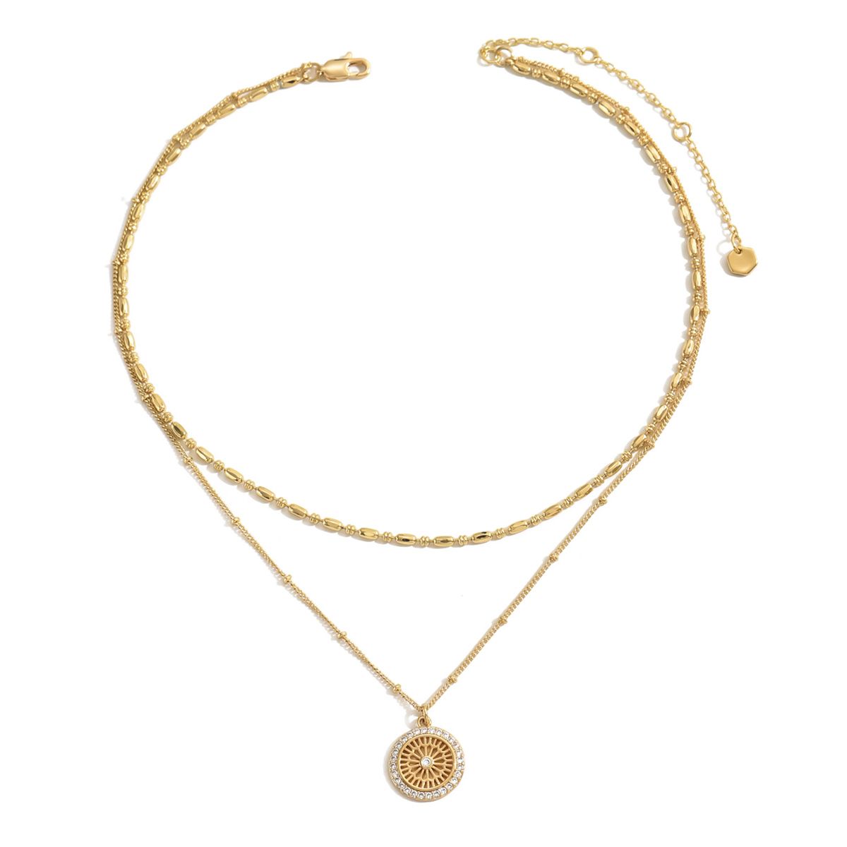 "Elegant Gold Layered Necklace Set with Crystal Medallion  Pendant - Chic and Versatile Jewelry for Women"
